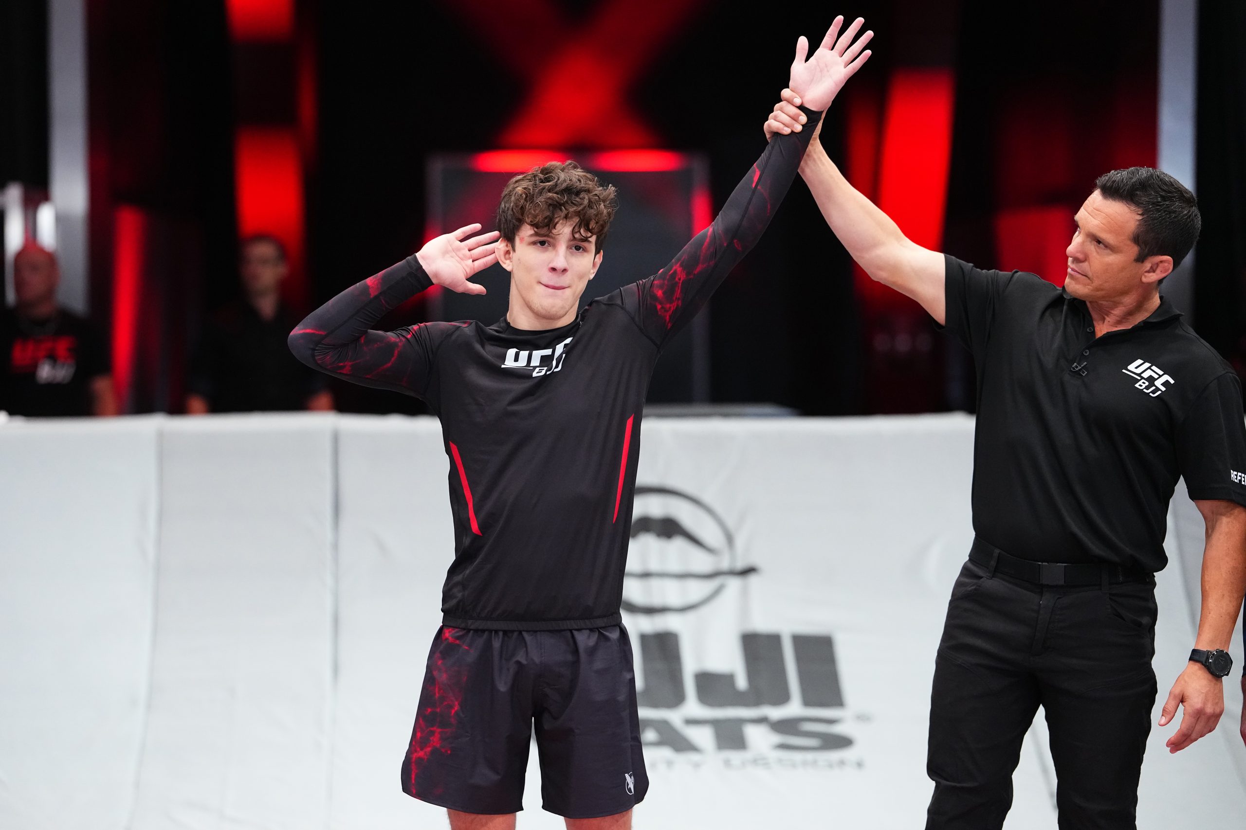 LAS VEGAS, NEVADA – DECEMBER 11: Landon Elmore reacts after submitting Nate Hernandez in a 145-pound match during the UFC BJJ 4 event at UFC APEX on December 11, 2025 in Las Vegas, Nevada.
