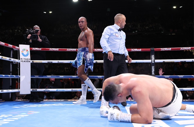 Wardley stands over a beaten Justis Huni after a huge knockout Credit: Leigh Dawney/Queensberry.