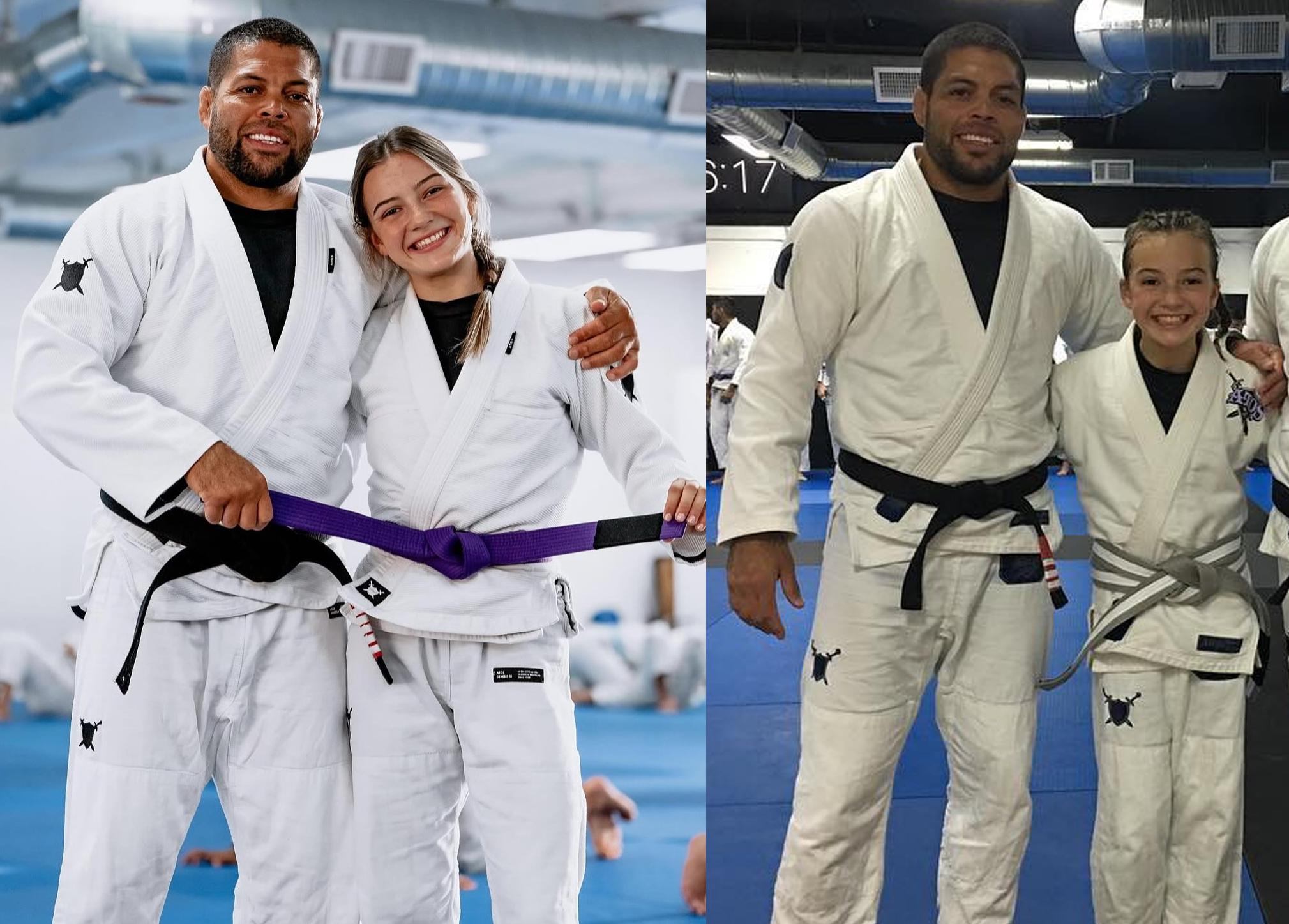 Alexa Herse getting her BJJ purple belt from Andre Galvao in 2025, and getting her grey belt in 2019.